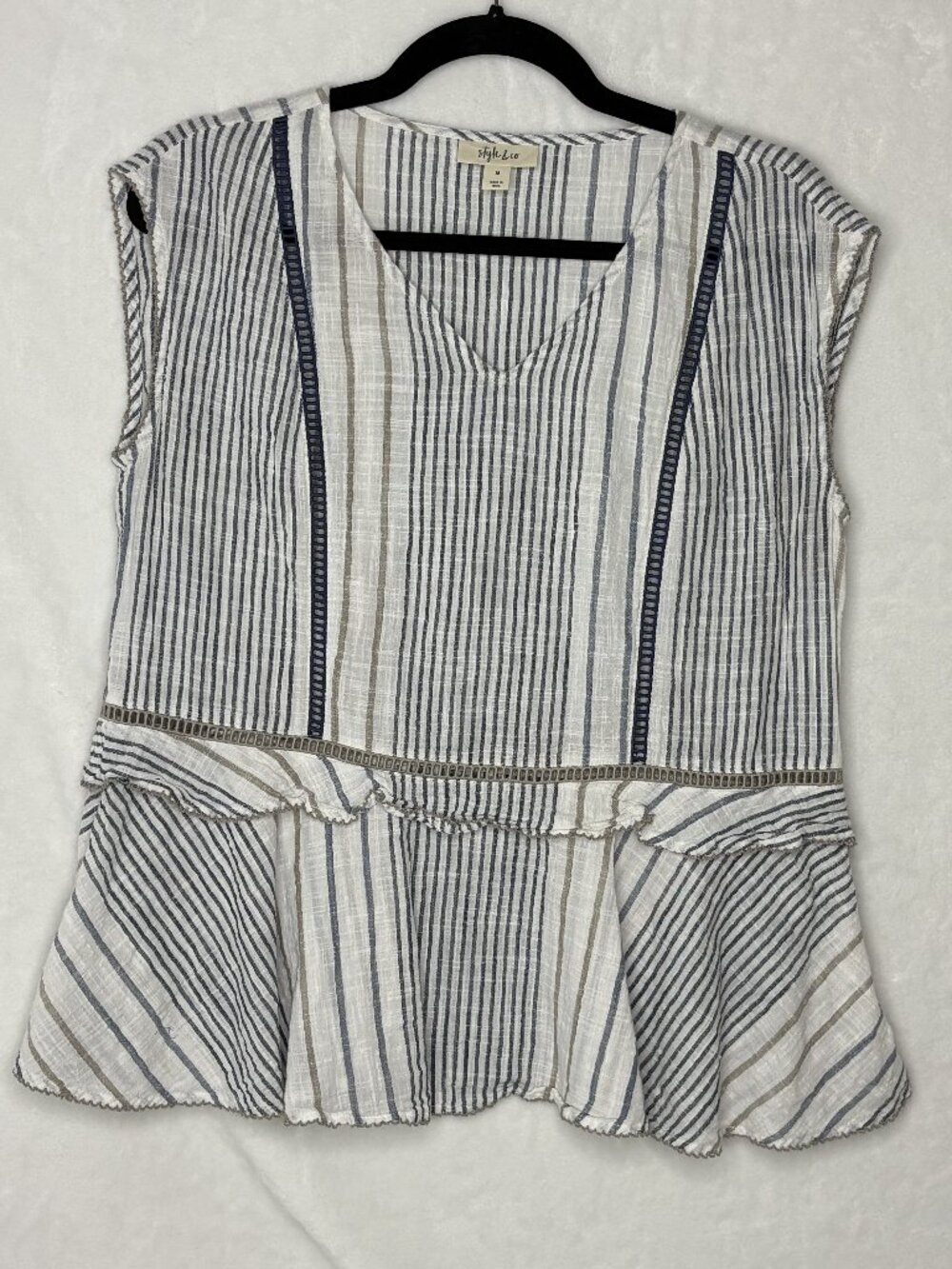 Style & Co Striped Ruffled Tank Top - Blue & Tan - M